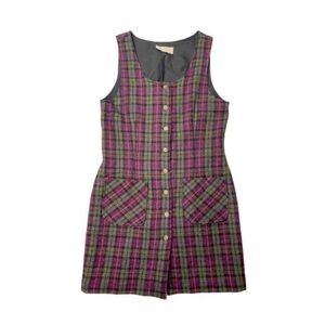 Vintage 90s Plaid Wool Blend Jumper Shift Dress Grey Plum Button Front Grunge M